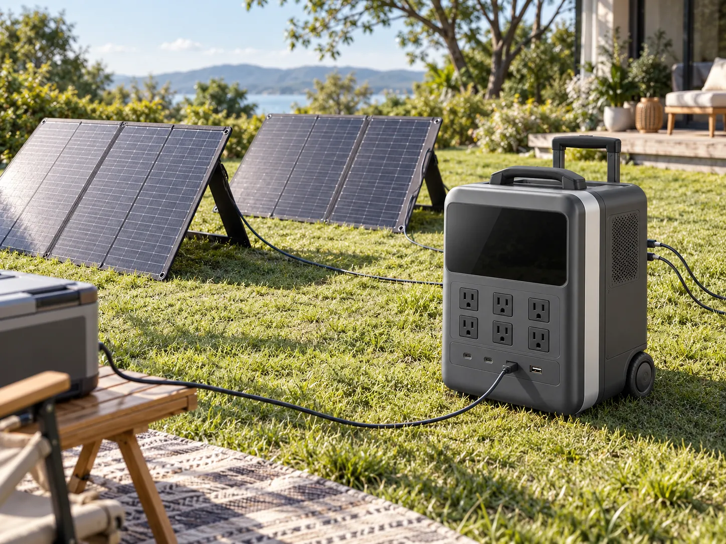 芝生に立てた2枚のソーラーパネルから、ワットミルへケーブルがつながって充電している