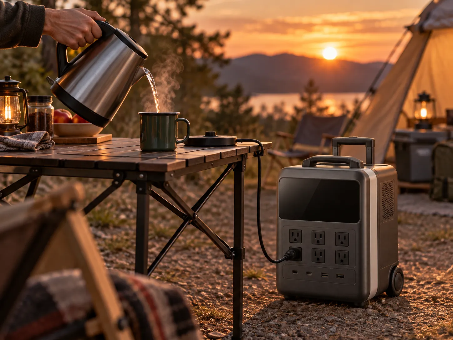 夕暮れのキャンプ場で、電気ケトルのお湯をマグに注いでいる。ケトルのコードは地面のワットミルにつながっている