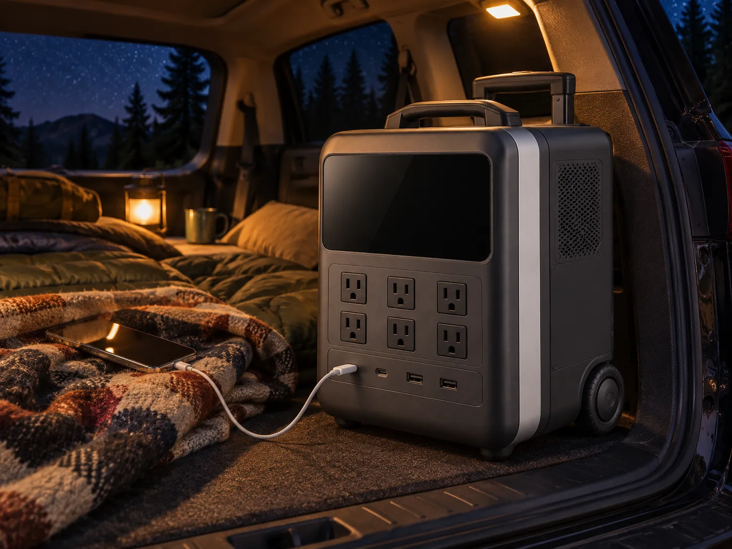 星空の下、車の荷室に置いたワットミルでスマートフォンを充電している