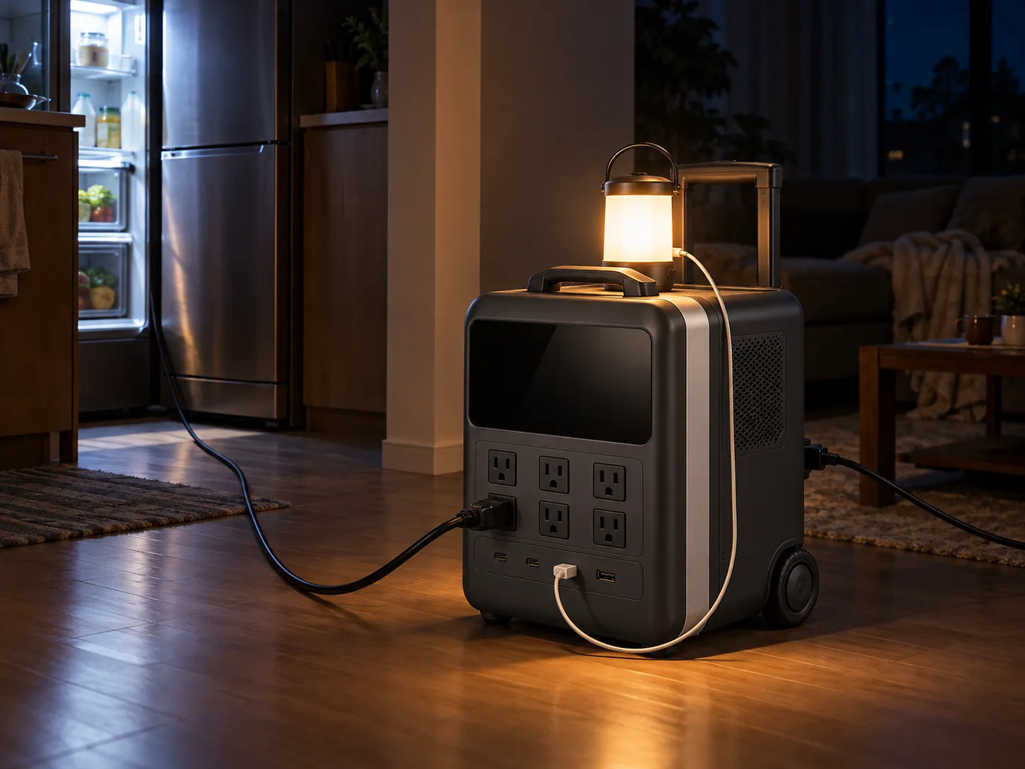 停電した夜の部屋で、ワットミルにつないだ冷蔵庫と、上に置いたランタンが灯っている